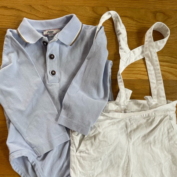 Jacadi Paris Boys set collared snap onesie & white suspender shorts 24 months - Picture 2 of 9